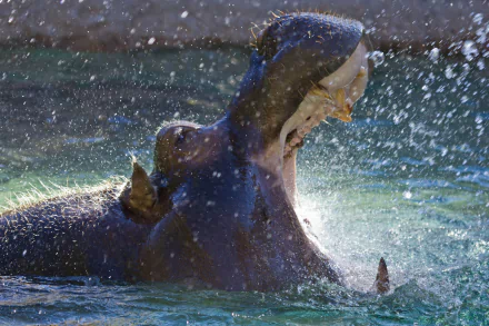HD PC desktop wallpaper featuring a close-up of a hippo splashing water with its open mouth in a natural aquatic setting.