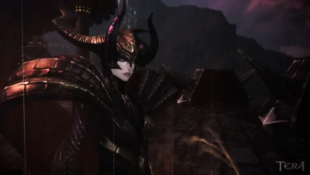 A striking HD wallpaper from the video game Tera, featuring a powerful character adorned in ornate armor and horns, set against a dark, atmospheric background.