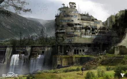 HD PC desktop wallpaper from the video game Destiny, featuring a detailed post-apocalyptic building near a waterfall surrounded by lush greenery and mountains.