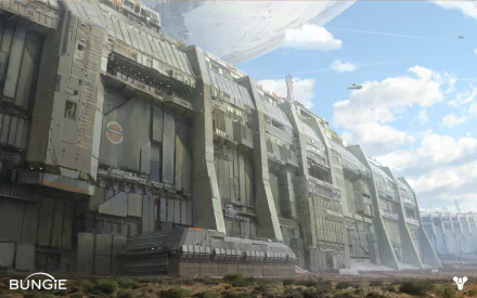 A stunning HD wallpaper featuring a futuristic structure from the video game Destiny, showcasing intricate architecture against a bright sky. Designed by Bungie.