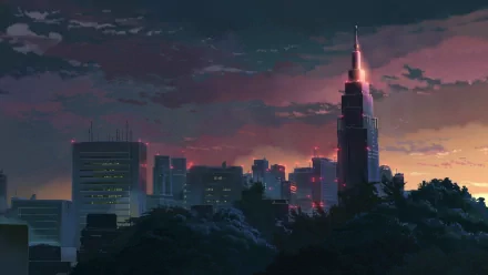 A stunning HD wallpaper featuring an anime-style cityscape at dusk inspired by The Garden of Words, showcasing vibrant colors and a dramatic skyline.
