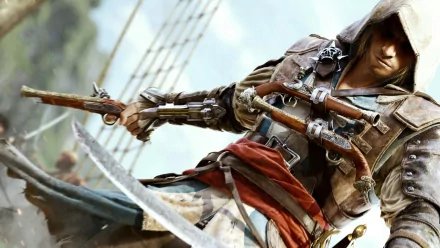 HD desktop wallpaper from the video game Assassin's Creed IV: Black Flag, featuring a detailed close-up of the protagonist in action, armed with swords and pistols on a ship.