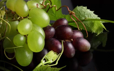 A close-up of green and purple grapes against a sleek black background, showcasing their vibrant colors and natural textures. An appealing HD PC desktop wallpaper and background.