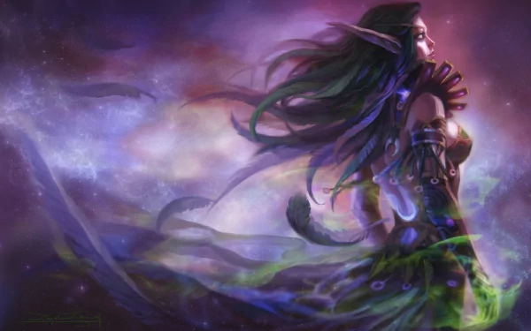 HD desktop wallpaper featuring a mystical character from World of Warcraft, with flowing hair and vibrant colors blending into a cosmic background.