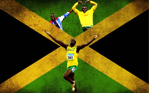 A dynamic HD wallpaper featuring Usain Bolt celebrating triumph with a vibrant Jamaican flag backdrop, symbolizing excellence in sports and athletic achievement.