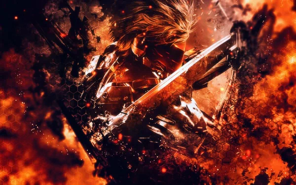 Dynamic HD wallpaper featuring Raiden from Metal Gear Rising: Revengeance, showcasing a striking battle pose amidst fiery effects and dramatic textures.