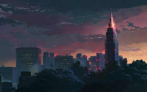 A stunning HD wallpaper featuring an anime-style cityscape at dusk inspired by The Garden of Words, showcasing vibrant colors and a dramatic skyline.