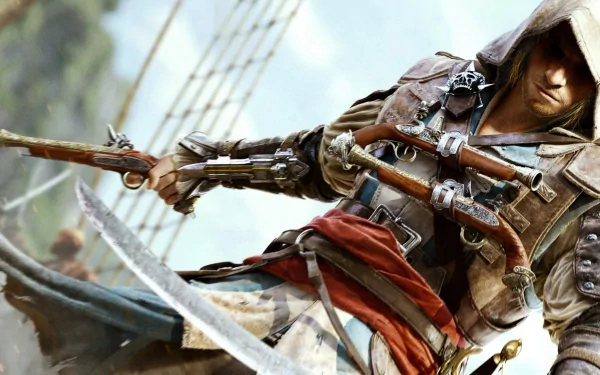 HD desktop wallpaper from the video game Assassin's Creed IV: Black Flag, featuring a detailed close-up of the protagonist in action, armed with swords and pistols on a ship.
