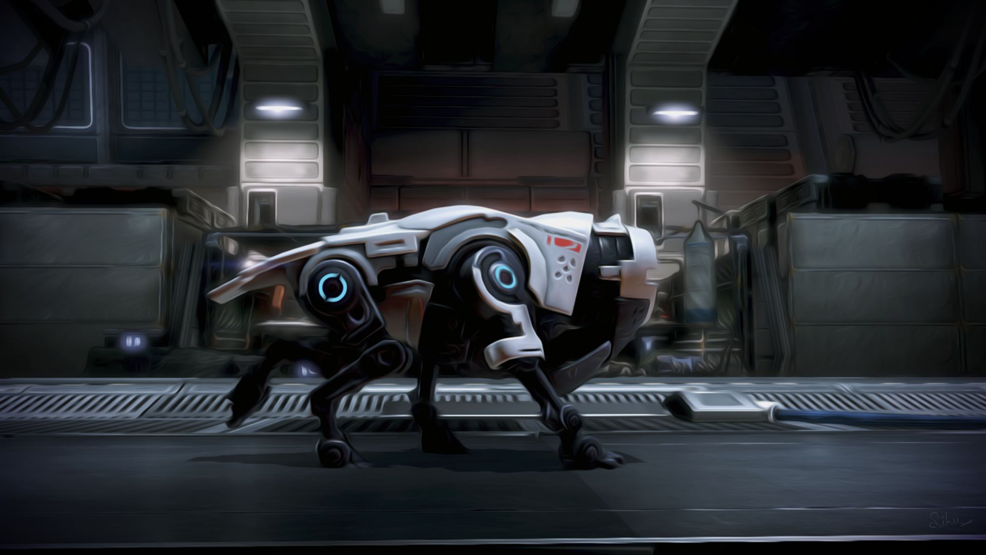 HD PC desktop wallpaper featuring a robotic dog from the video game Mass Effect 3 in a futuristic, dimly lit industrial setting.
