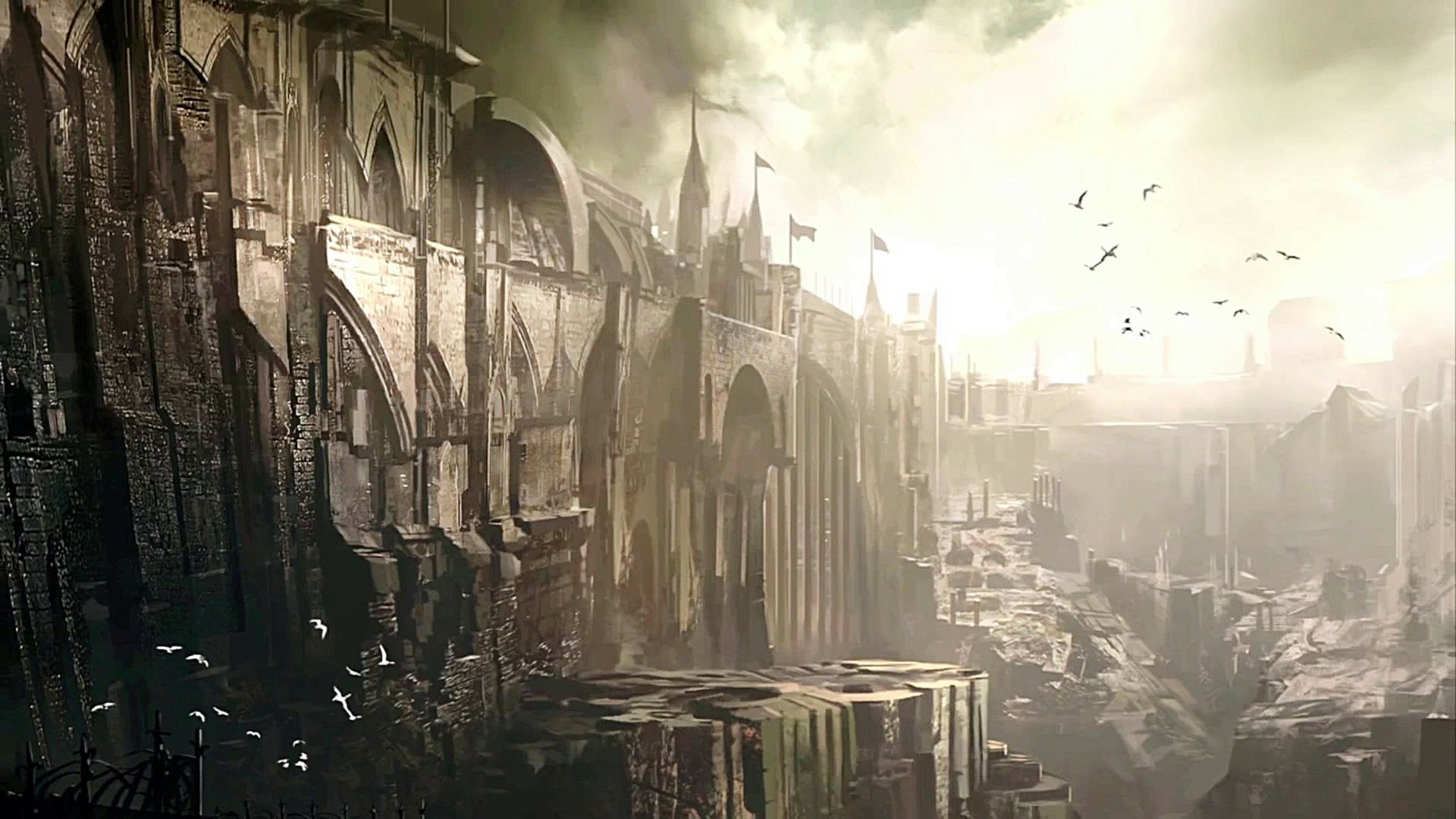 HD PC desktop wallpaper featuring a dramatic, ancient fortress landscape from the video game Guild Wars 2, bathed in moody, golden light with birds flying overhead.