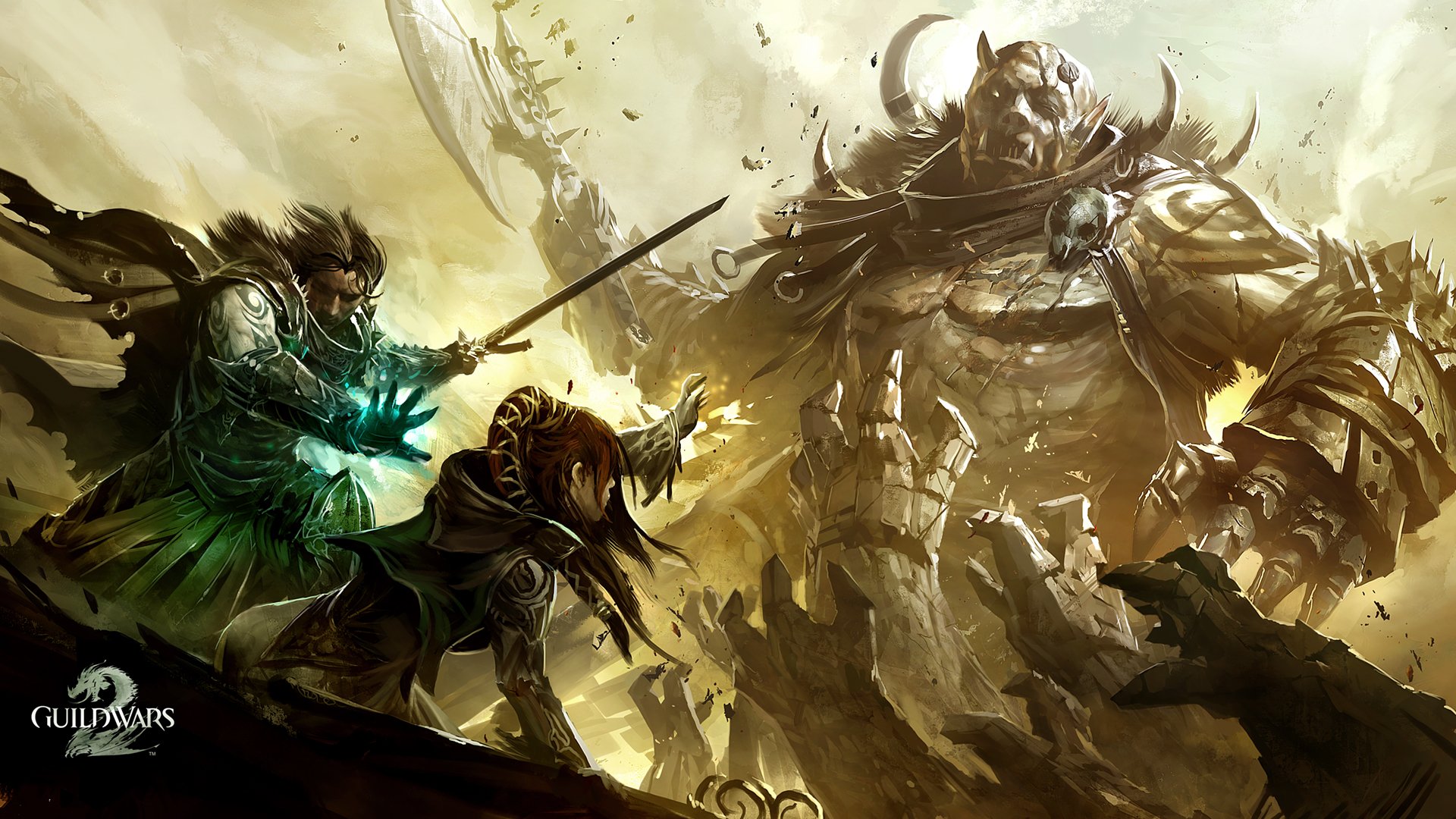 Guild Wars 2 HD PC wallpaper: armored heroes clash with a towering, horned armored giant amid swirling dust and glowing magical energy.