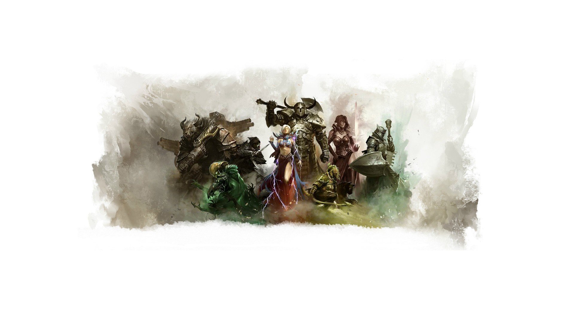 HD PC desktop wallpaper featuring characters from the video game Guild Wars 2 in a dynamic, artistic composition with a white, watercolor-style background.