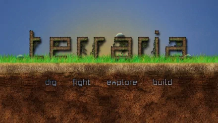 A vibrant HD desktop wallpaper featuring the word Terraria amidst grass and soil, with engaging keywords below: dig, fight, explore, build, reflecting the game’s adventurous spirit.