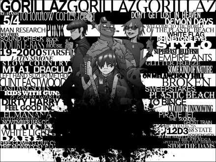 HD PC desktop wallpaper featuring the animated band Gorillaz surrounded by a collage of white text on a black background, blending music and graphic design.