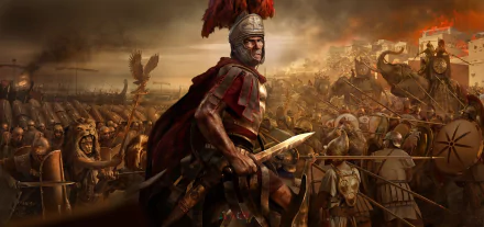 An HD desktop wallpaper featuring a Roman soldier from Total War: Rome II, standing confidently in a battlefield filled with warriors and historical elements.