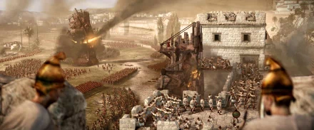 HD PC desktop wallpaper from the video game Total War: Rome II depicting an ancient battlefield siege with soldiers, war machines, and a stone fortress under attack.
