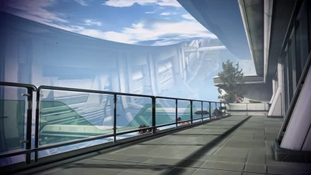 HD PC desktop wallpaper from the video game Mass Effect 3 features a futuristic balcony with glass railings overlooking a bright sky and distant cityscape.