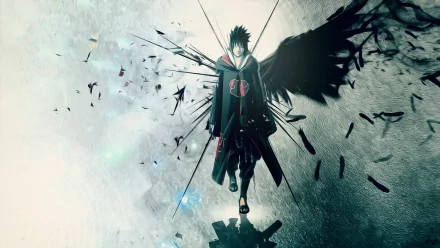 Sasuke Uchiha from Naruto standing against a dynamic background with black wings and shattering effects. HD desktop wallpaper and background.
