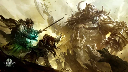 Guild Wars 2 HD PC wallpaper: armored heroes clash with a towering, horned armored giant amid swirling dust and glowing magical energy.