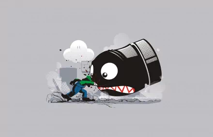 HD desktop wallpaper featuring Luigi dodging a Bullet Bill on a grey background.