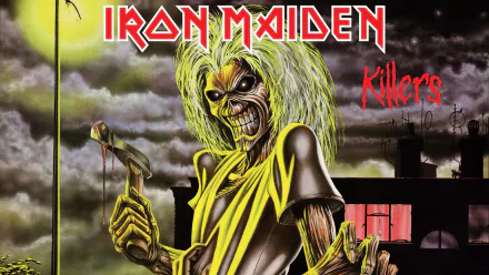 A vibrant HD desktop wallpaper featuring Iron Maiden's Killers album cover, showcasing the iconic mascot with a striking, eerie background.