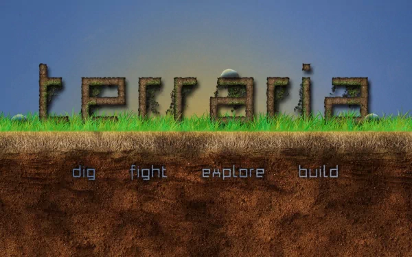 A vibrant HD desktop wallpaper featuring the word Terraria amidst grass and soil, with engaging keywords below: dig, fight, explore, build, reflecting the game’s adventurous spirit.