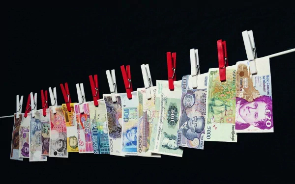 HD desktop wallpaper showing various man-made banknotes hanging on a clothesline with red and white clothespins against a black background.