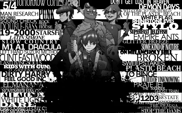 HD PC desktop wallpaper featuring the animated band Gorillaz surrounded by a collage of white text on a black background, blending music and graphic design.