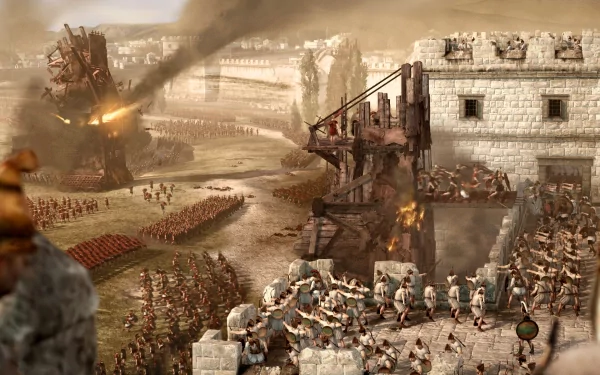 HD PC desktop wallpaper from the video game Total War: Rome II depicting an ancient battlefield siege with soldiers, war machines, and a stone fortress under attack.