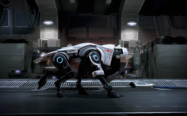 HD PC desktop wallpaper featuring a robotic dog from the video game Mass Effect 3 in a futuristic, dimly lit industrial setting.
