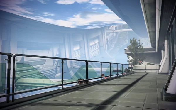 HD PC desktop wallpaper from the video game Mass Effect 3 features a futuristic balcony with glass railings overlooking a bright sky and distant cityscape.