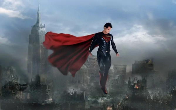 Superman flies over a dramatic Metropolis skyline, showcasing his heroic presence in this striking HD wallpaper inspired by the Man of Steel movie.