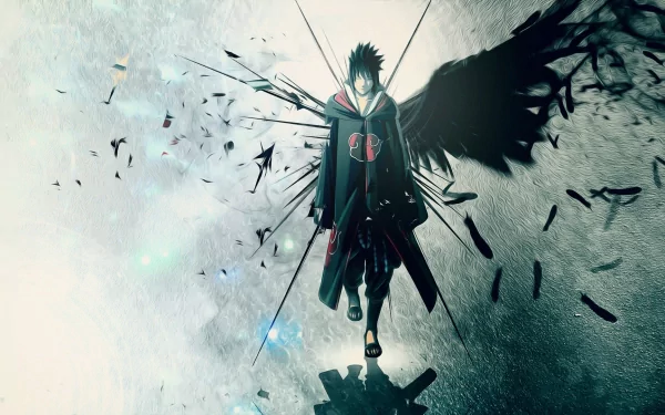 Sasuke Uchiha from Naruto standing against a dynamic background with black wings and shattering effects. HD desktop wallpaper and background.