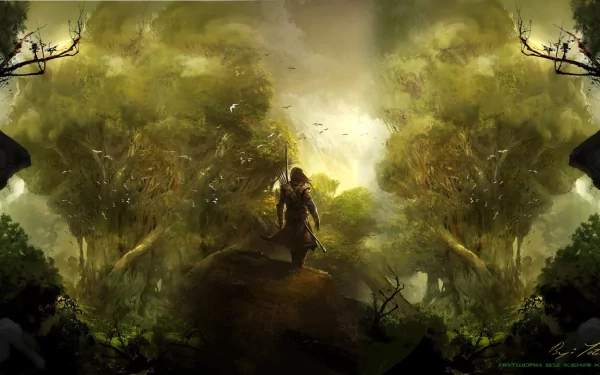 A captivating HD wallpaper featuring a character from Guild Wars 2 standing in a mystical forest, surrounded by lush greenery and enchanting light.