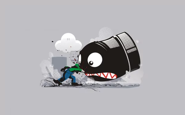 HD desktop wallpaper featuring Luigi dodging a Bullet Bill on a grey background.