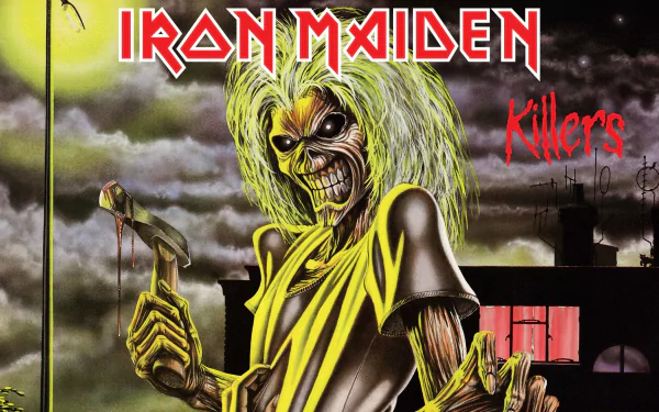 A vibrant HD desktop wallpaper featuring Iron Maiden's Killers album cover, showcasing the iconic mascot with a striking, eerie background.