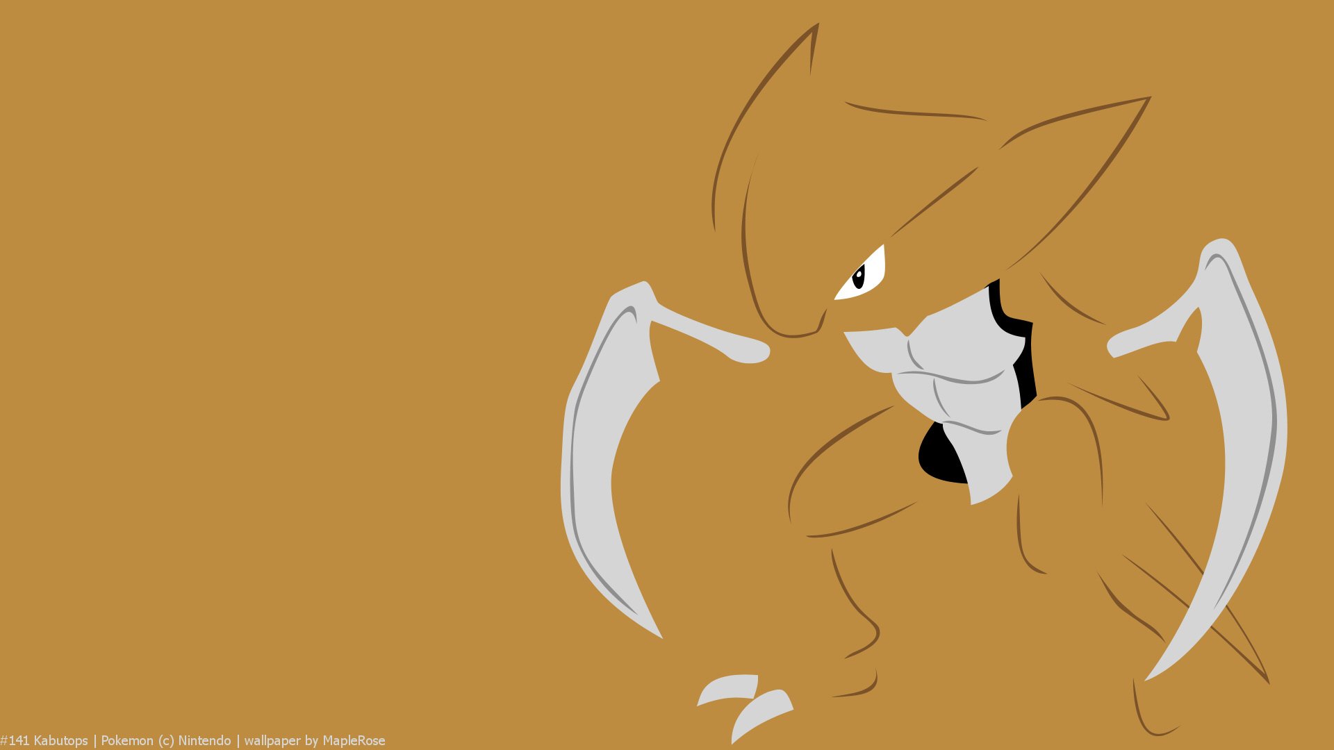 HD PC desktop wallpaper showing a stylized Pokémon with an angular head and bladed arms on a solid ochre background, video game art background.