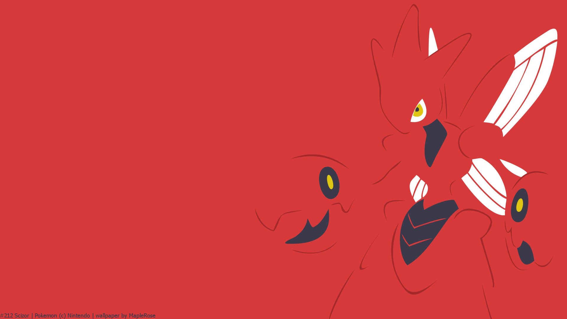 HD PC desktop wallpaper featuring Pokémon Scizor on a minimalist red background — video game artwork with a bold close-up of the bug/steel Pokémon.