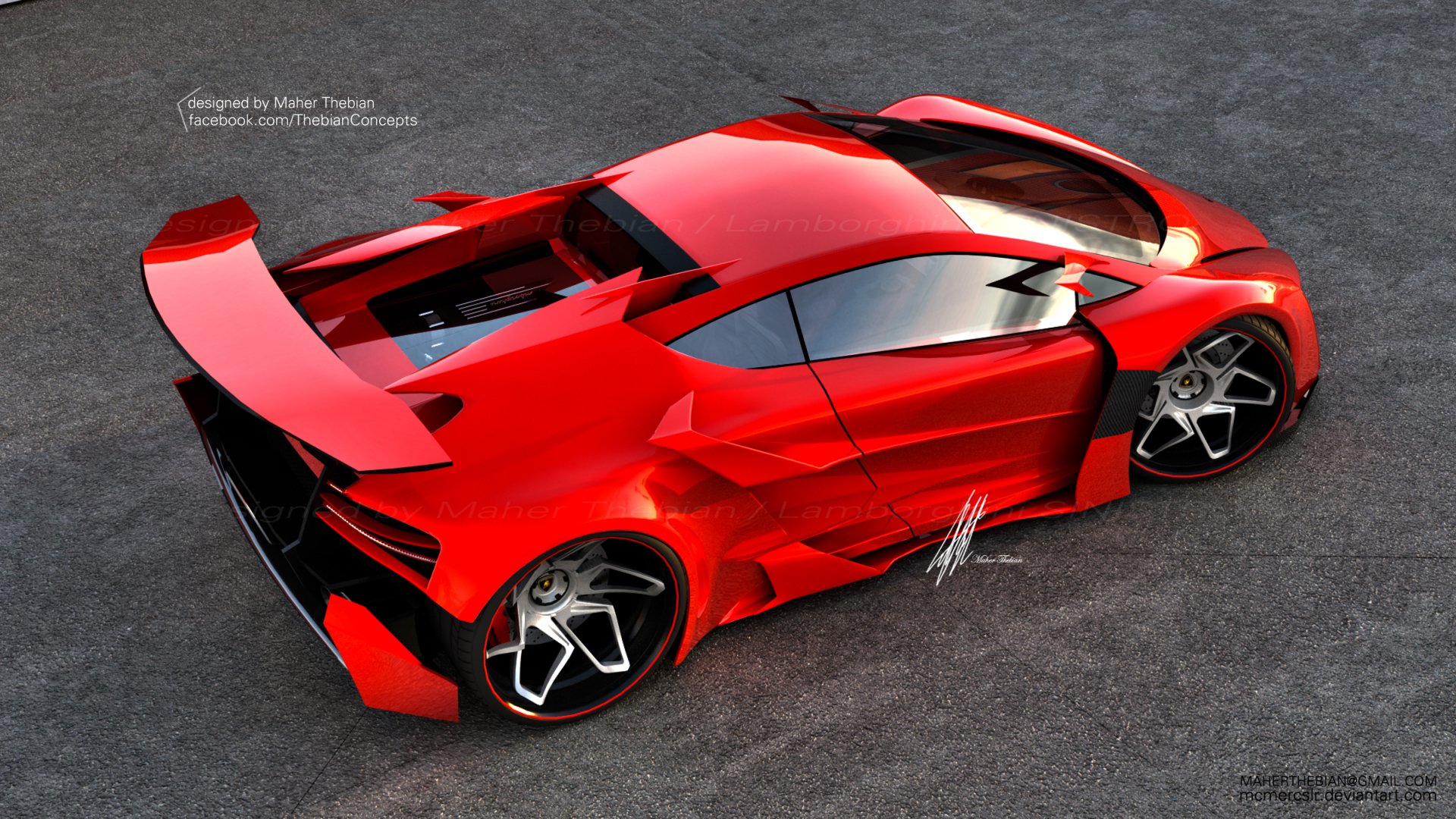 HD PC desktop wallpaper of a red Lamborghini Sinistro Concept sports vehicle seen from a high-angle view, sharp aerodynamic lines and large rear wing on textured asphalt background.