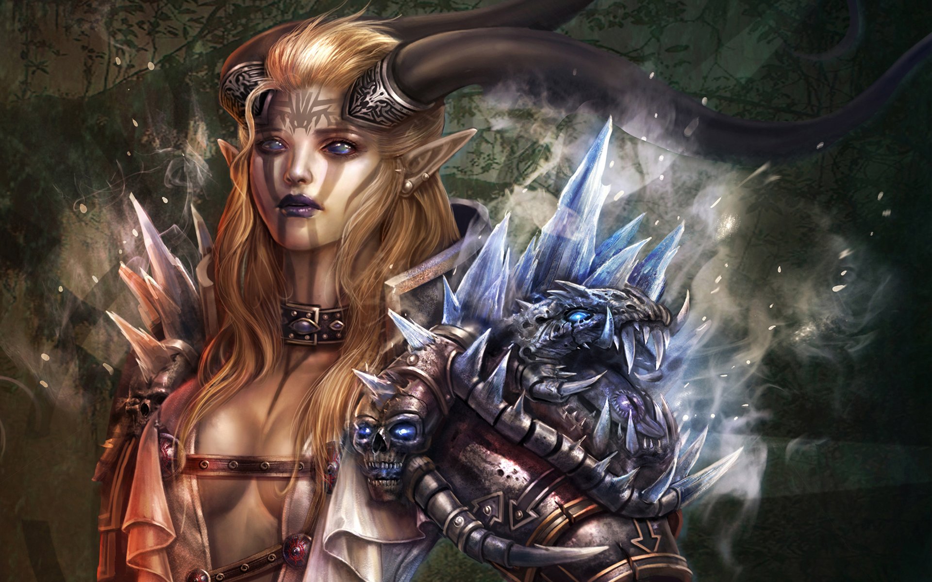 A captivating fantasy-themed HD wallpaper featuring a powerful witch with long, flowing hair and intricate armor adorned with glistening crystals and dark, mysterious elements.