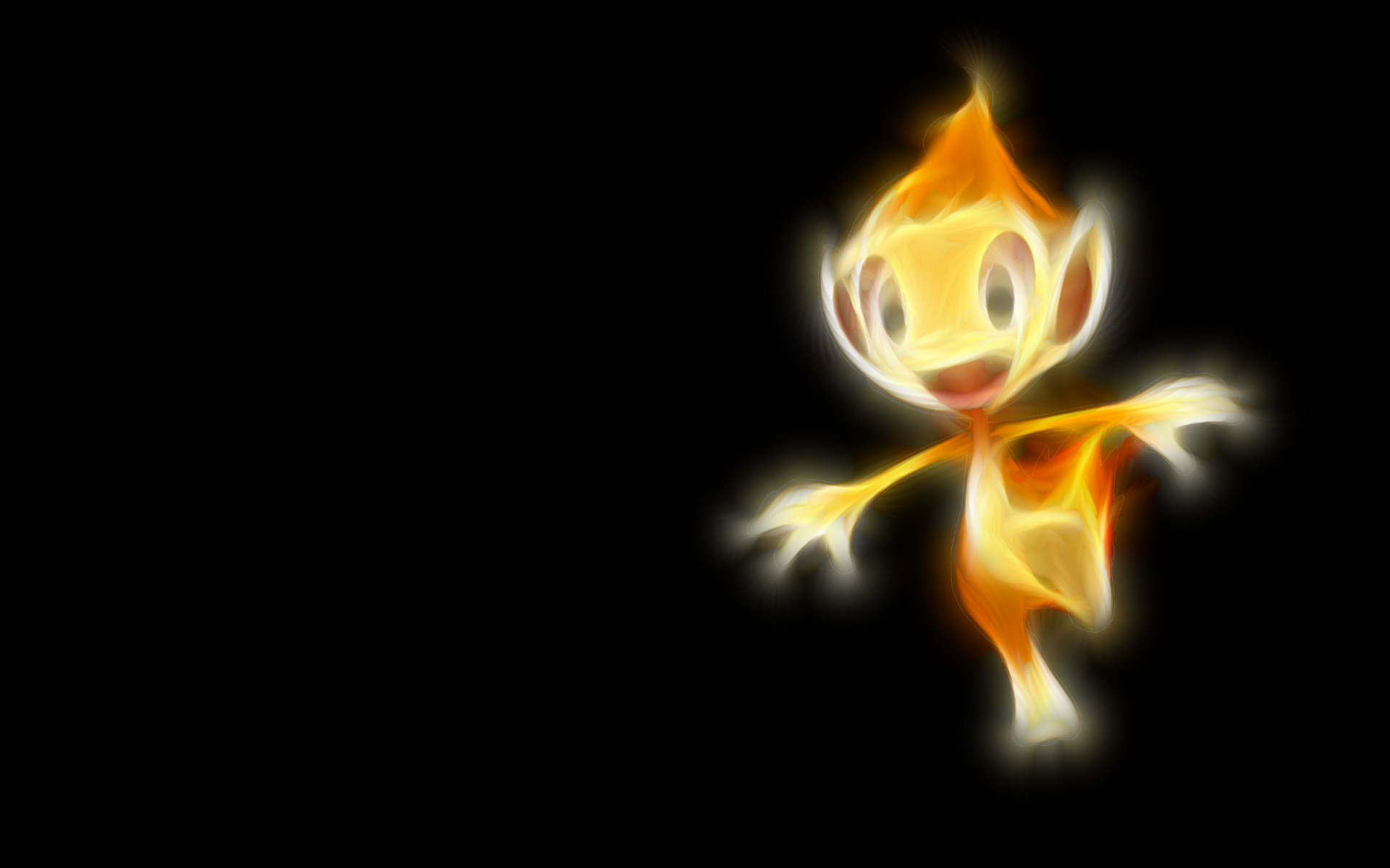 Glowing Chimchar Pokémon from the video game series on a black background, stylized fiery sprite for a 2K Quad HD PC desktop wallpaper and background.