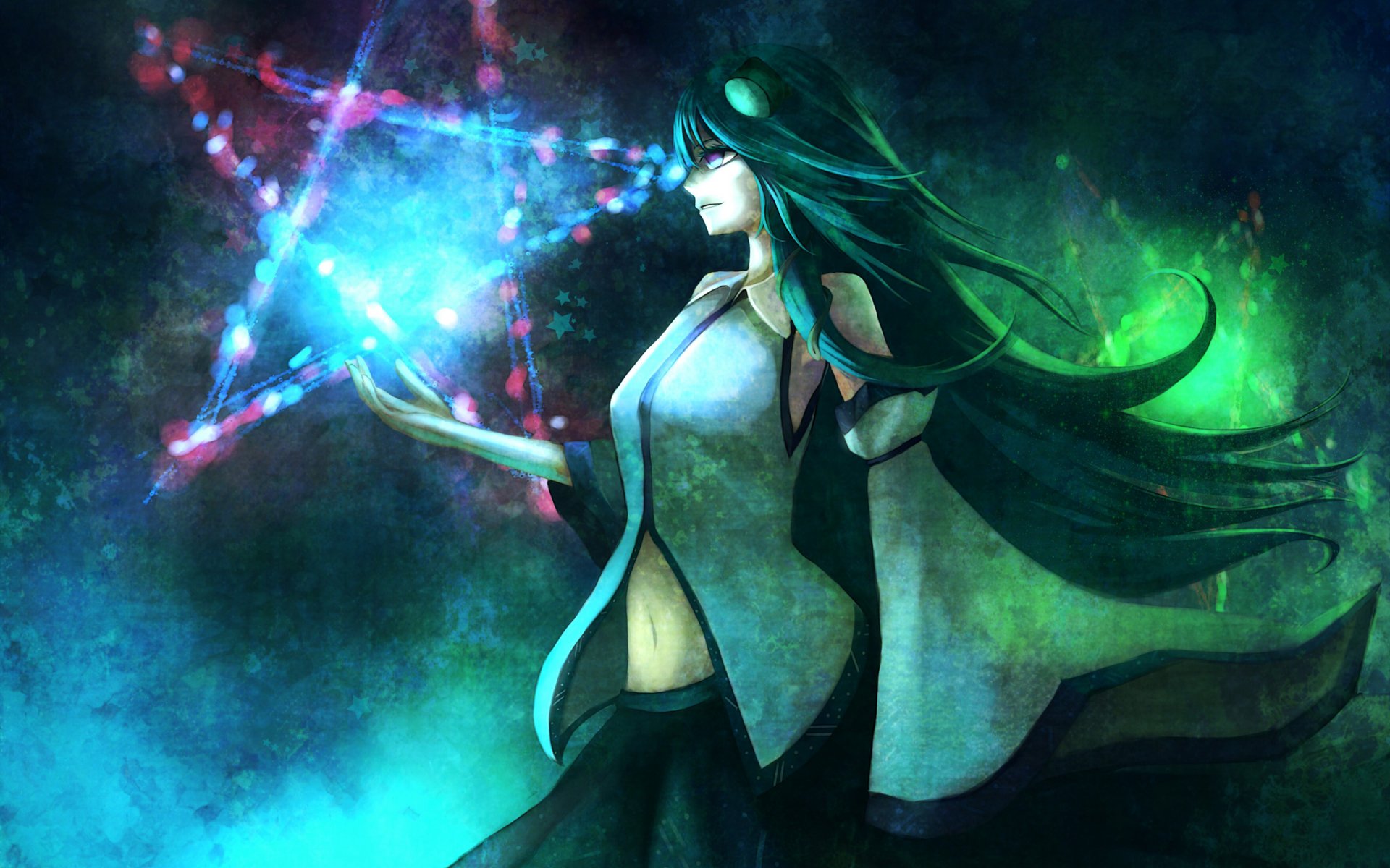 HD PC desktop wallpaper featuring Sanae Kochiya from the Touhou anime series, depicted with glowing magical effects and dynamic flowing hair in a dark, mystical setting.