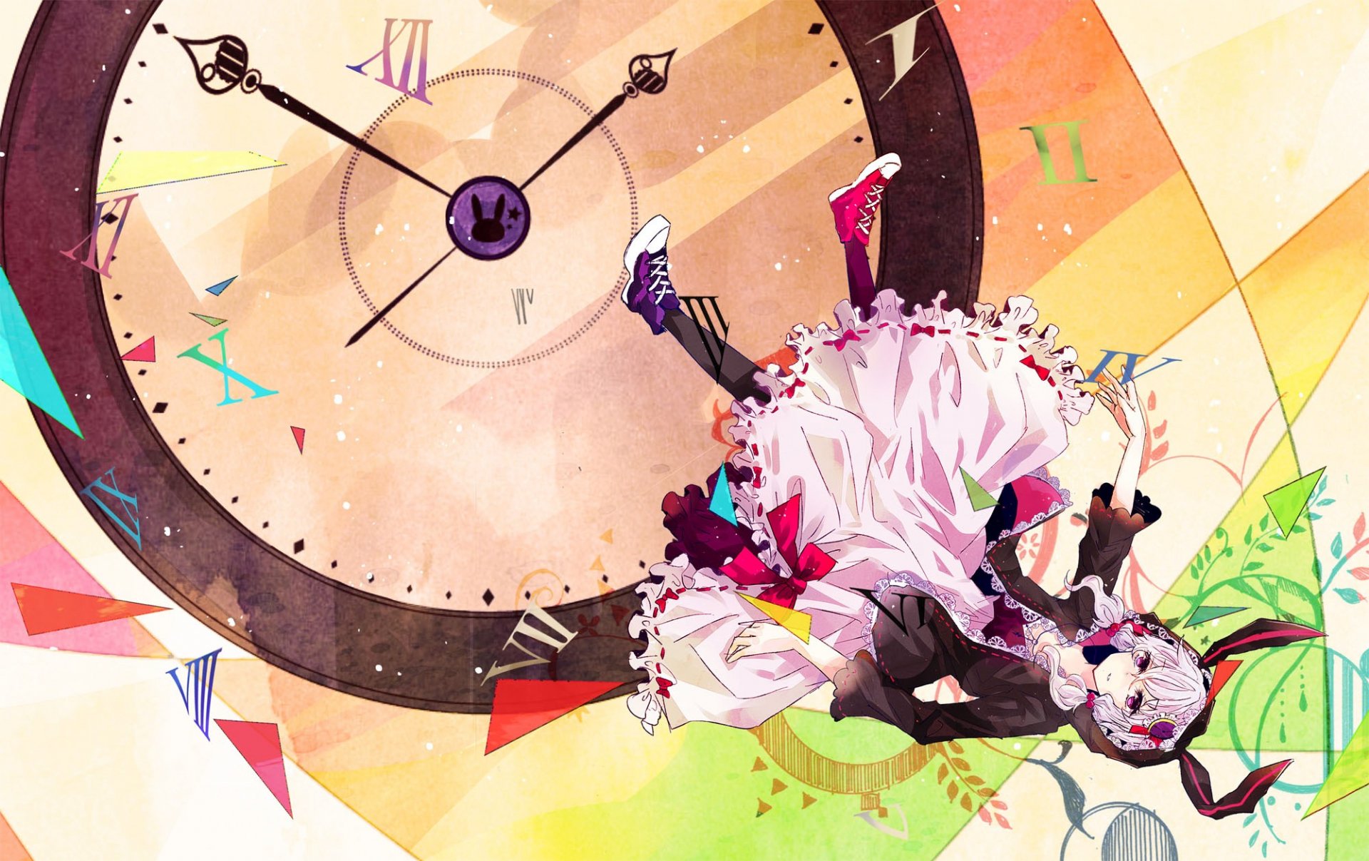 HD PC desktop wallpaper featuring Yuzuki Yukari from Vocaloid in a dynamic pose with a large clock and colorful geometric background.