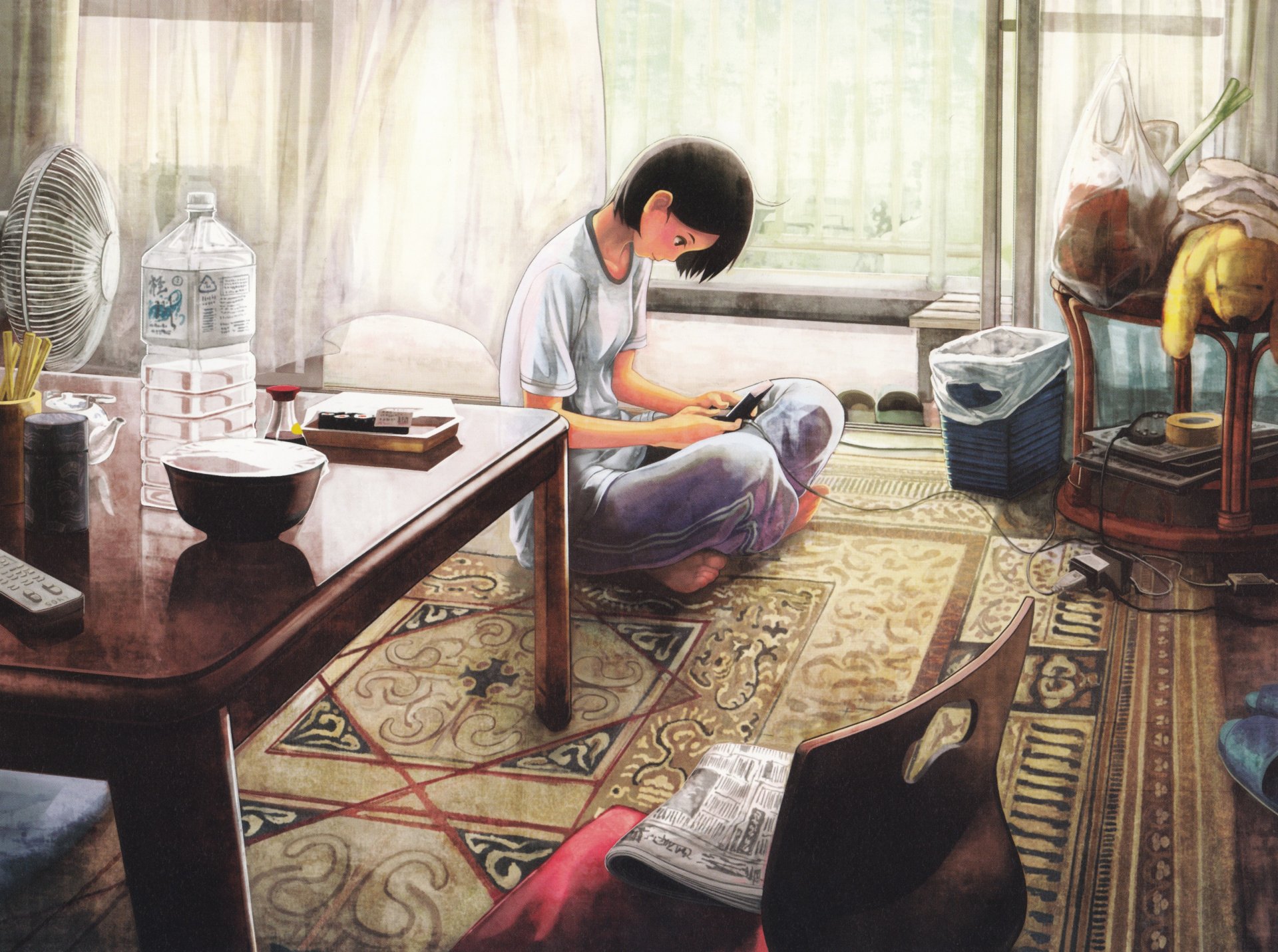 A serene HD desktop wallpaper featuring an original anime scene of a young person sitting on a patterned floor, absorbed in their device within a cozy, lived-in room.