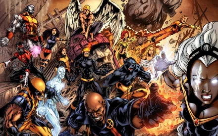 An action-packed HD wallpaper featuring Marvel's X-Men, including Beast, Colossus, Wolverine, Nightcrawler, Cyclops, and Storm, set against a dramatic background.