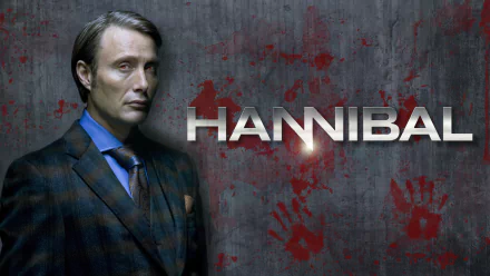 HD PC desktop wallpaper featuring a character from the TV show Hannibal against a dark background with red handprints and the show's title.