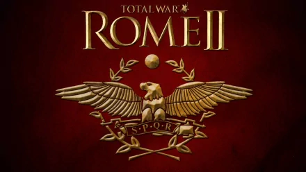 Total War: Rome II HD PC desktop wallpaper/background featuring a gold Roman eagle and SPQR emblem on a textured crimson field, promotional video game artwork.