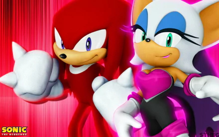 HD PC wallpaper featuring Rouge the Bat and Knuckles the Echidna from the Sonic the Hedgehog (2006) video game, set against a vibrant red background.