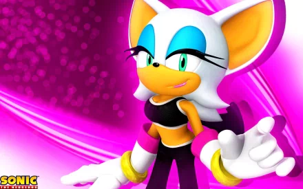 HD PC desktop wallpaper featuring Rouge the Bat from the video game Sonic Free Riders with a vibrant pink and purple background.