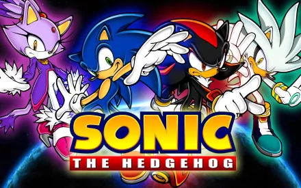 A vibrant HD desktop wallpaper featuring Blaze the Cat, Sonic, Shadow, and Silver from Sonic the Hedgehog (2006), showcasing the iconic characters against a dynamic background.